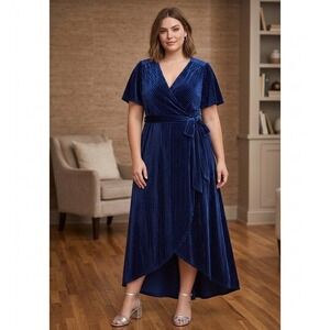 Baltic Born Navy Blue Ribbed Velvet Wrap Maxi Dress XXL Flutter Sleeve NEW